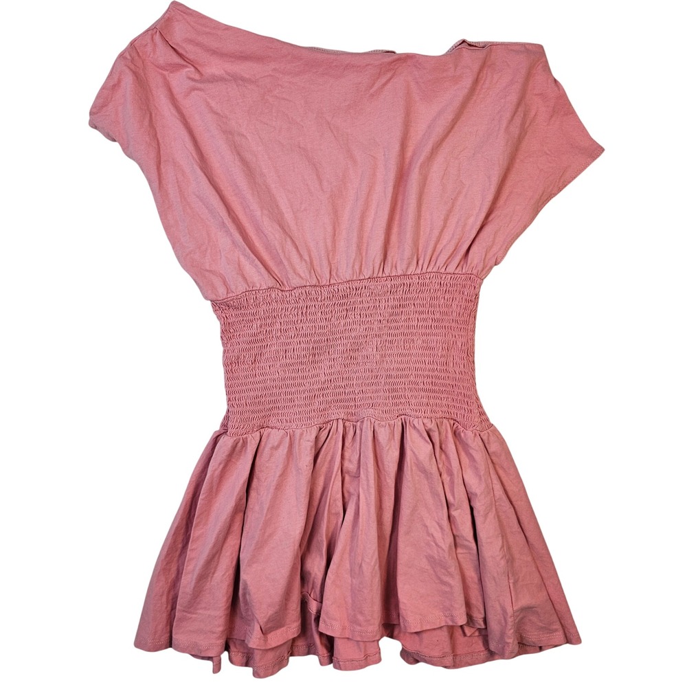 J For Justify Pink Smocked Waist Ruffle Mini Dress Large Dolman Sleeve Boat Neck